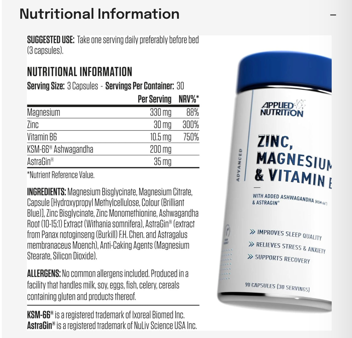 Applied Nutrition - ZMA  (Zinc, Magnesium & Vitamin B6 Capsules With Ashwagandha )