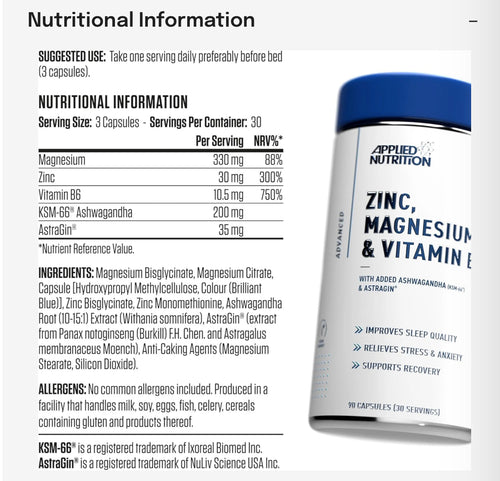 Applied Nutrition - ZMA  (Zinc, Magnesium & Vitamin B6 Capsules With Ashwagandha )